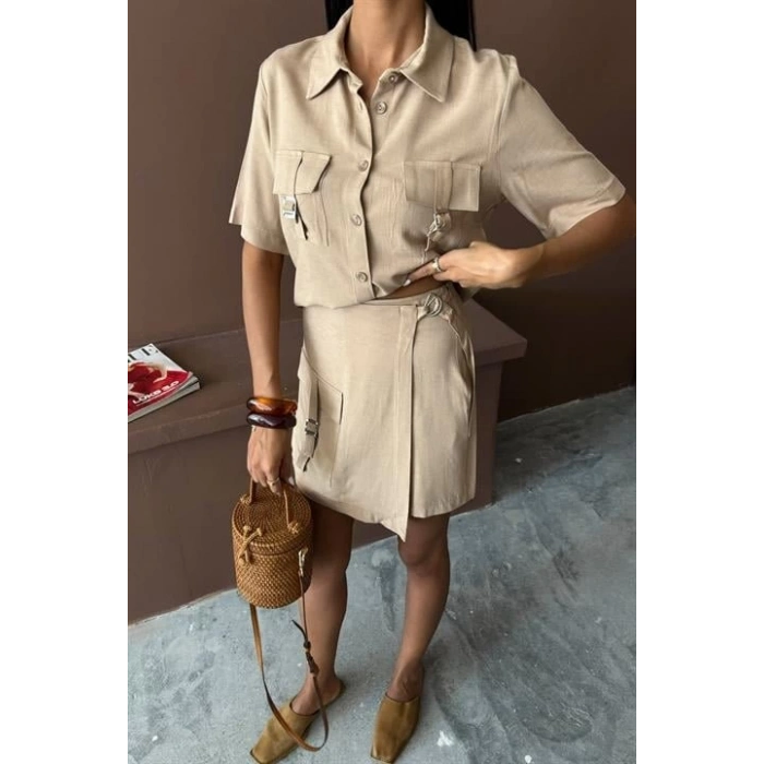 Gömlek Şort Etek Viscon Keten Takım 10162