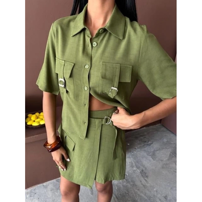 Gömlek Şort Etek Viscon Keten Takım 10162