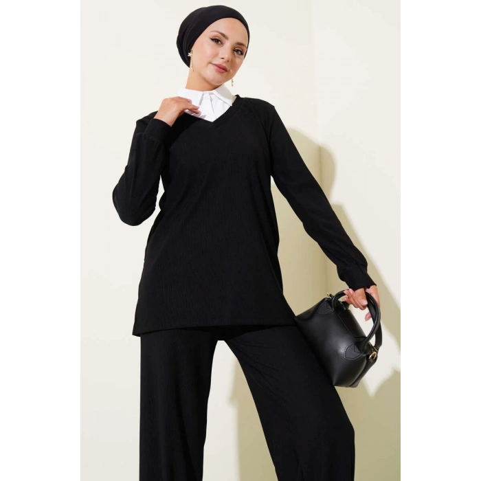 Gömlek Yaka Fitilli Salaş İkili Takım siyah T4300