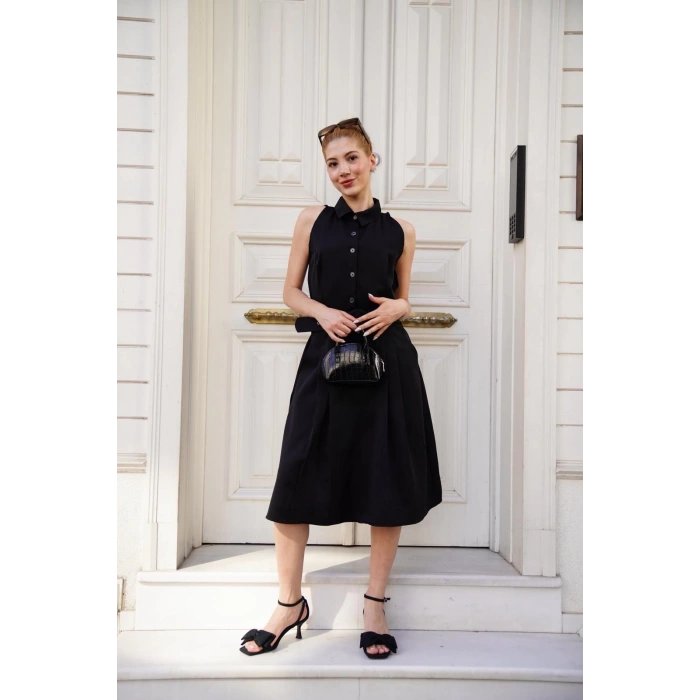 Gömlek yaka kemerli elbise siyah s255061