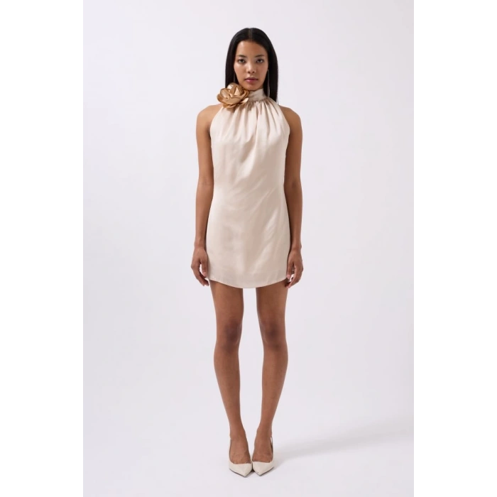 Gül Detay Mini Saten Elbise