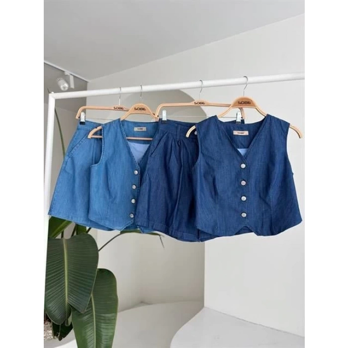 Gümüş Düğmeli Yelek Ve Şort Tensel Takım 10174