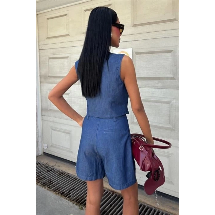 Gümüş Düğmeli Yelek Ve Şort Tensel Takım 10174