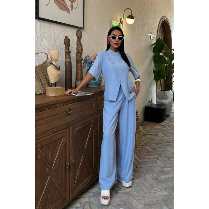 Hakim Yaka Çapraz Düğmeli Plazzo Pantolon Viscon Keten Takım 10091