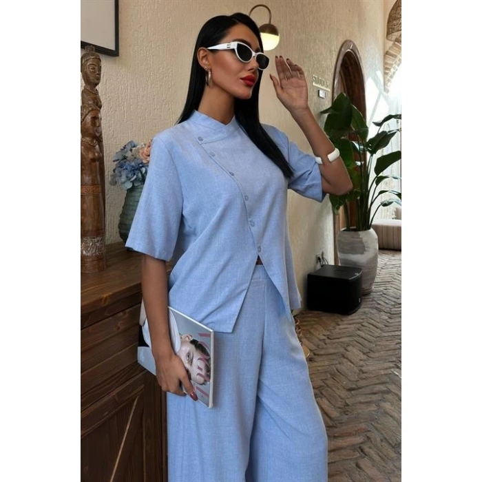 Hakim Yaka Çapraz Düğmeli Plazzo Pantolon Viscon Keten Takım 10091