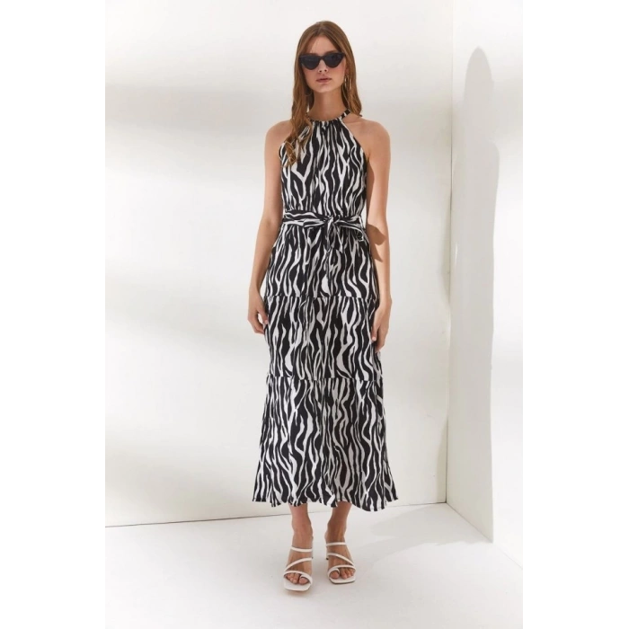 Halter Yaka Kuşaklı Dokuma Viscon Elbise