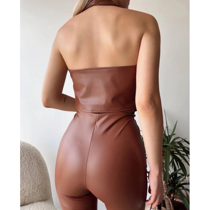 İki düğmeli deri yelek kahve s243001