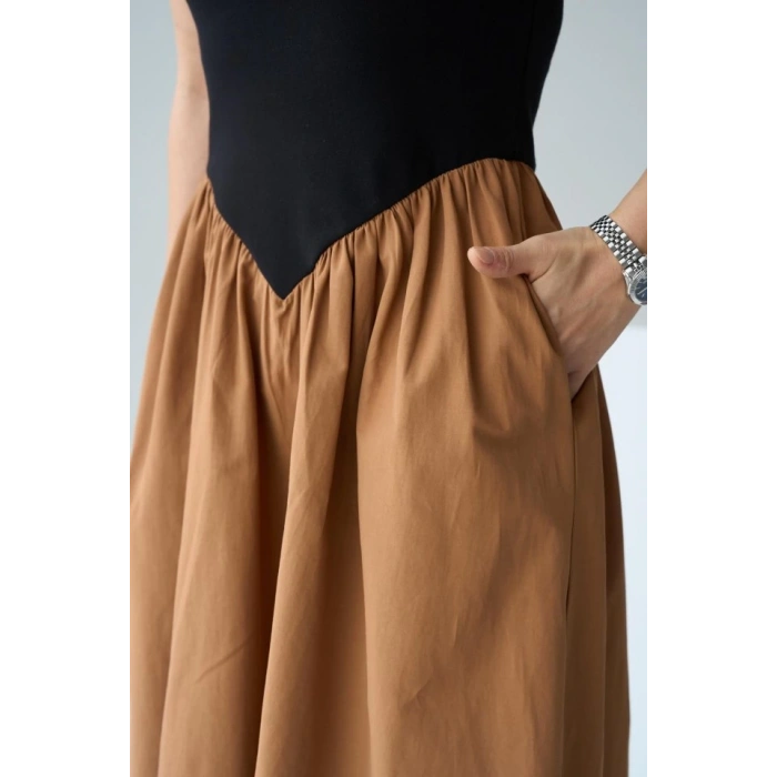 İki Renkli Elbise - Siyah-Taba