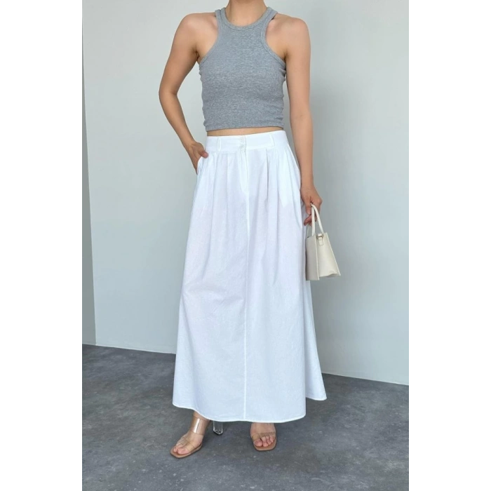 İnce Pileli Düz Etek - Beyaz