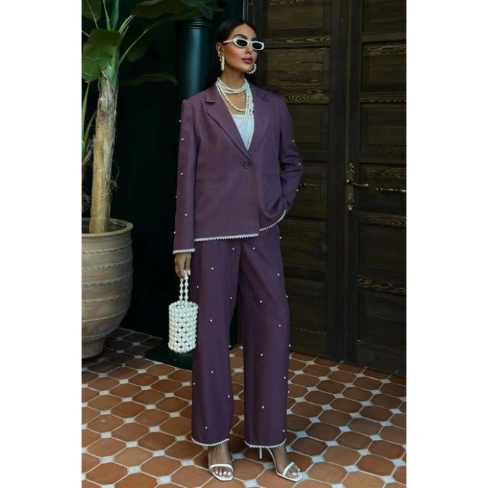 İnci Detaylı Ceket Pantolon Keten Takım 10124