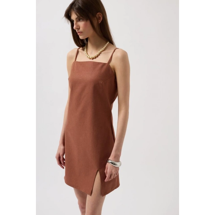 İp Askılı Yırtmaç Detay Keten Mini Elbise