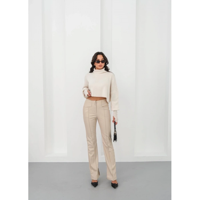 İspanyol yırtmaçlı paça deri pantolon bej hn