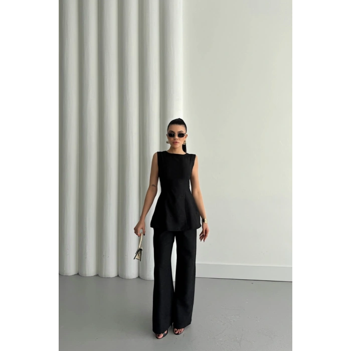 JAKAR KETEN KOLSUZ BLUZ-PANTOLON TK - Siyah