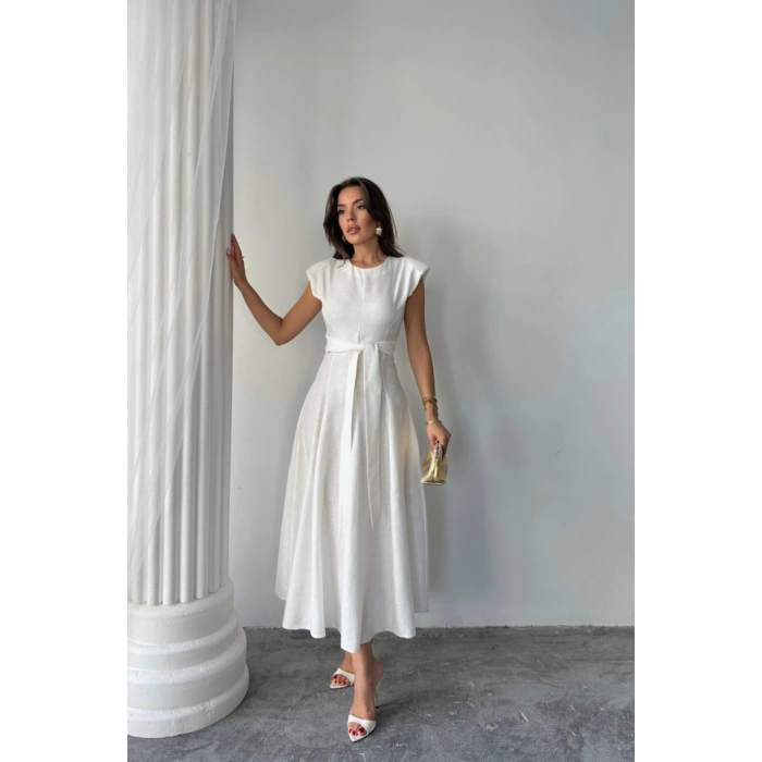 JAKAR KETEN VATKALI ELBİSE - Beyaz