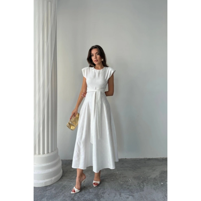 JAKAR KETEN VATKALI ELBİSE - Beyaz