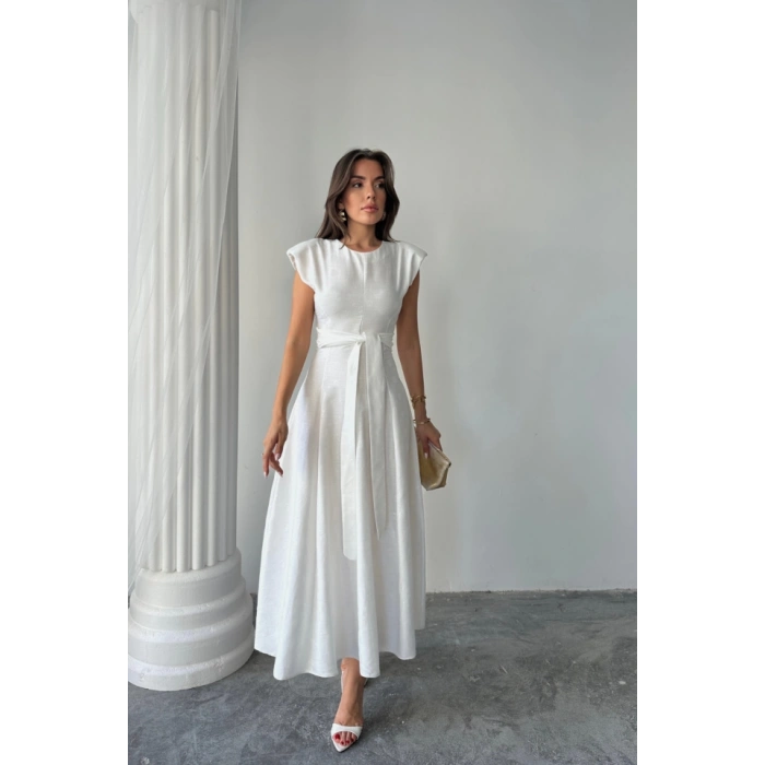 JAKAR KETEN VATKALI ELBİSE - Beyaz