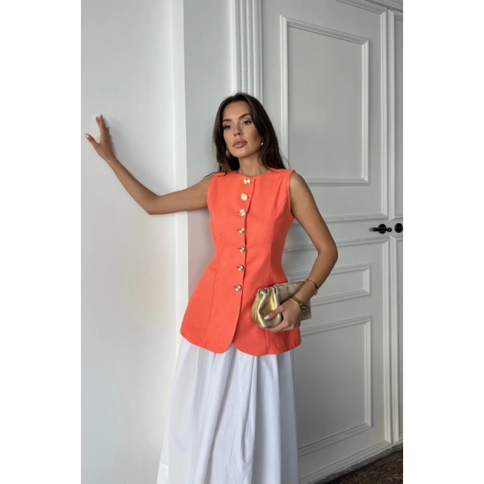 JAKAR KETEN YELEK BELDEN OTURTMALI GOLD DÜĞMELİ - Orange