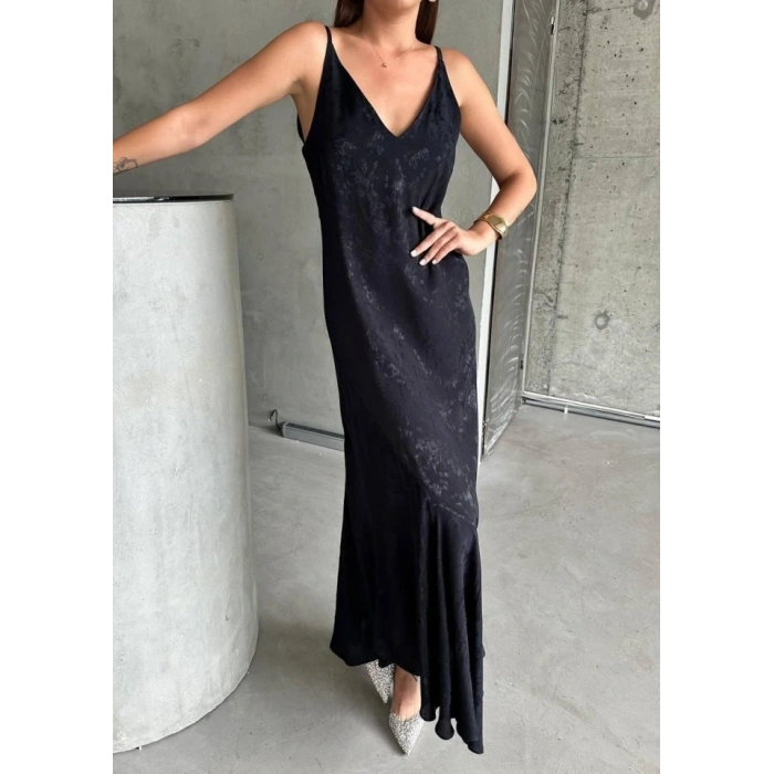 JAKARLI ASKILI SATEN ELBİSE ASİMETRİK - Siyah