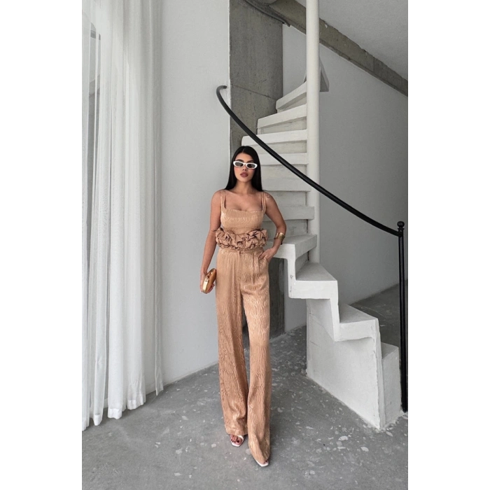 JAKARLI BLUZU TASARIM DETAYLI CEKET-PANTOLON-BLUZ 3 LÜ TAKIM - Bej