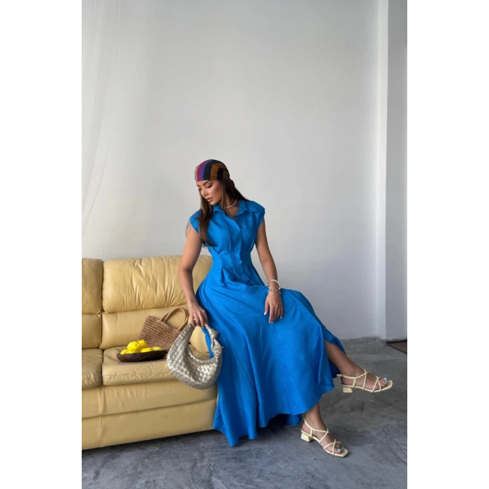 JAKARLI KETEN ELBİSE ÖNDEN YIRTMAÇLI CEPLİ - Saks