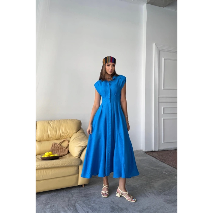 JAKARLI KETEN ELBİSE ÖNDEN YIRTMAÇLI CEPLİ - Saks