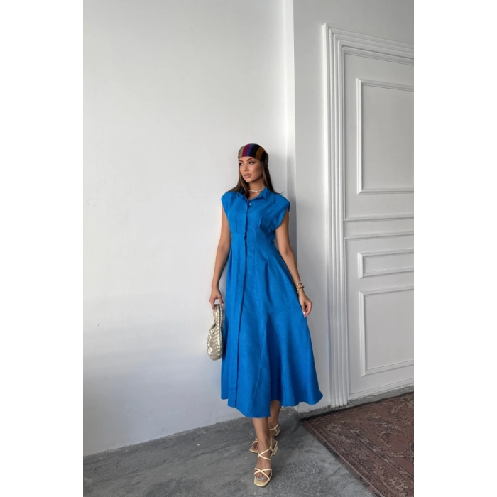 JAKARLI KETEN ELBİSE ÖNDEN YIRTMAÇLI CEPLİ - Saks