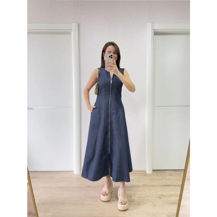 Jeans Kot Önü Tam Fermuarlı Uzun Elbise - Mavi