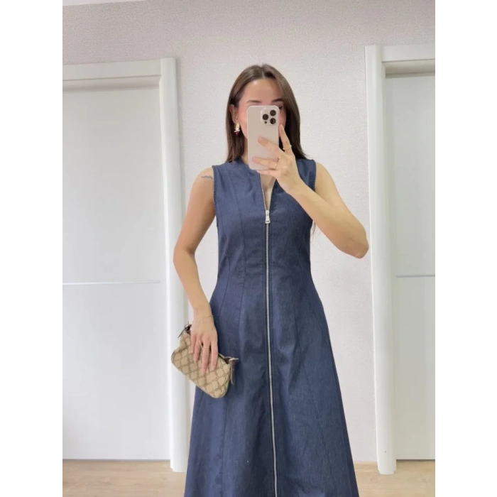 Jeans Kot Önü Tam Fermuarlı Uzun Elbise - Mavi