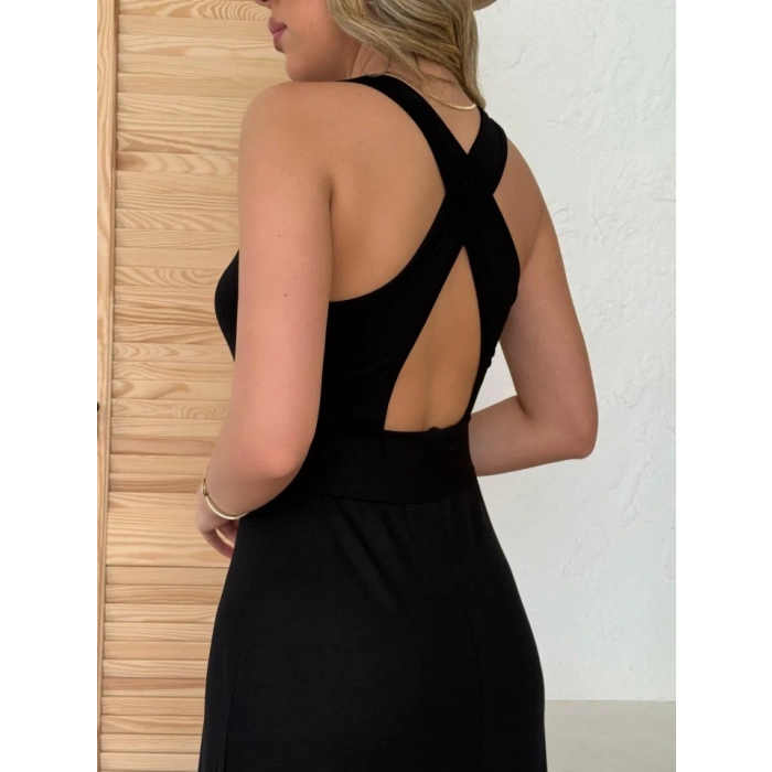 Kadın Arkadan çapraz Detay Yuvarlak Yaka Maksi Viskon Elbise