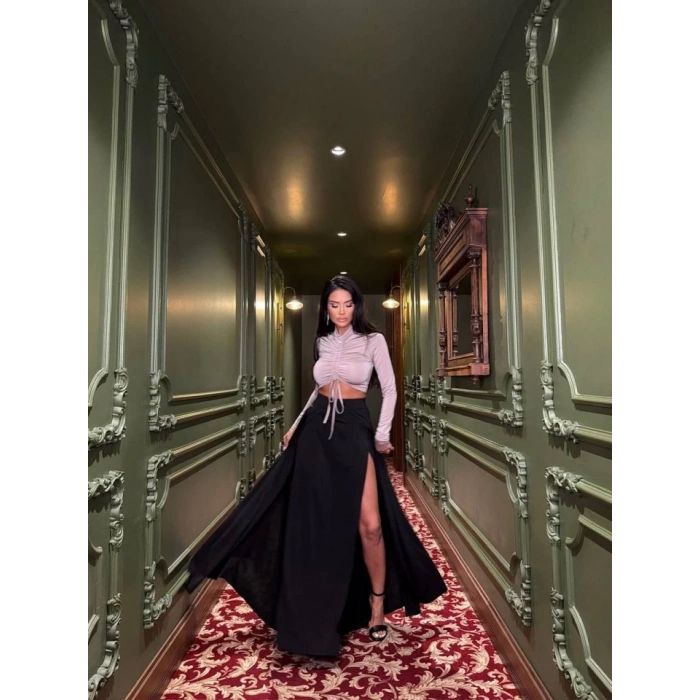 Kadın Asansör Büzgü Detay Krom Ve Derin Yırtmaçlı Maxi Boy Etek Ikili Takım