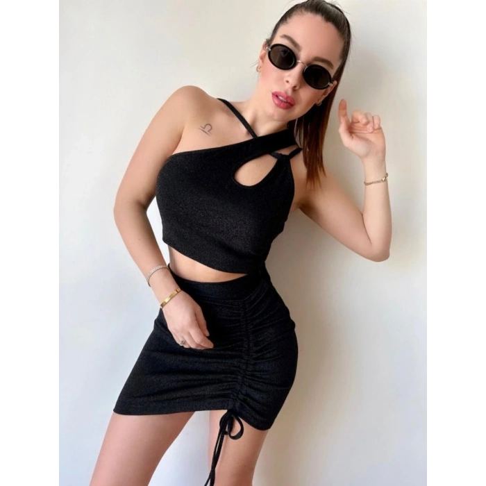 Kadın Asimetrik Yaka Detay Crop Ve Yüksek Bel Mini Etek Ikili Takim