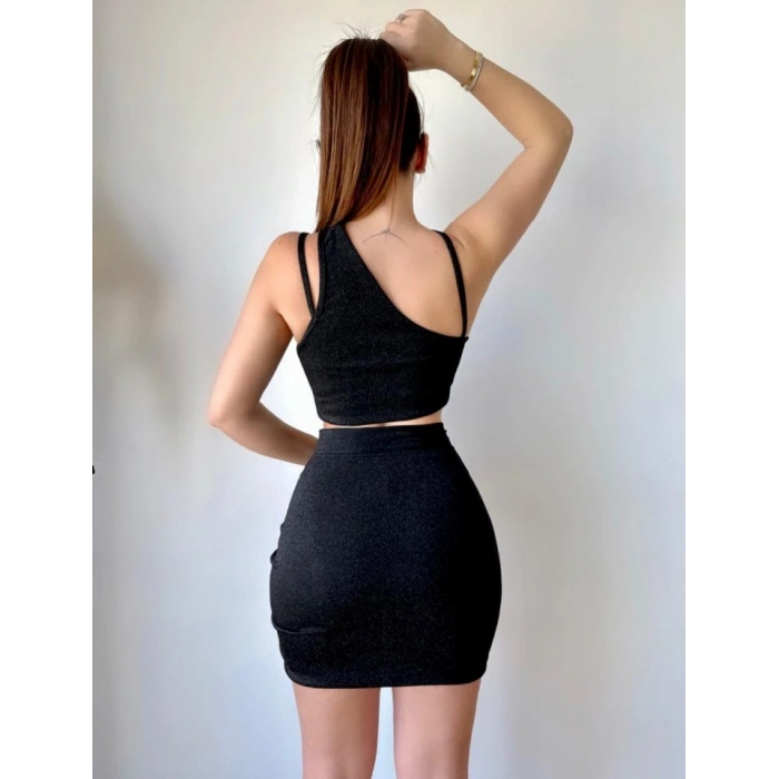 Kadın Asimetrik Yaka Detay Crop Ve Yüksek Bel Mini Etek Ikili Takim