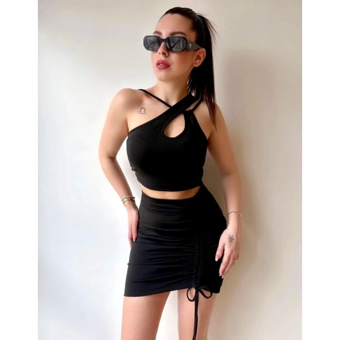 Kadın Asimetrik Yaka Detay Crop Ve Yüksek Bel Mini Etek Ikili Takim