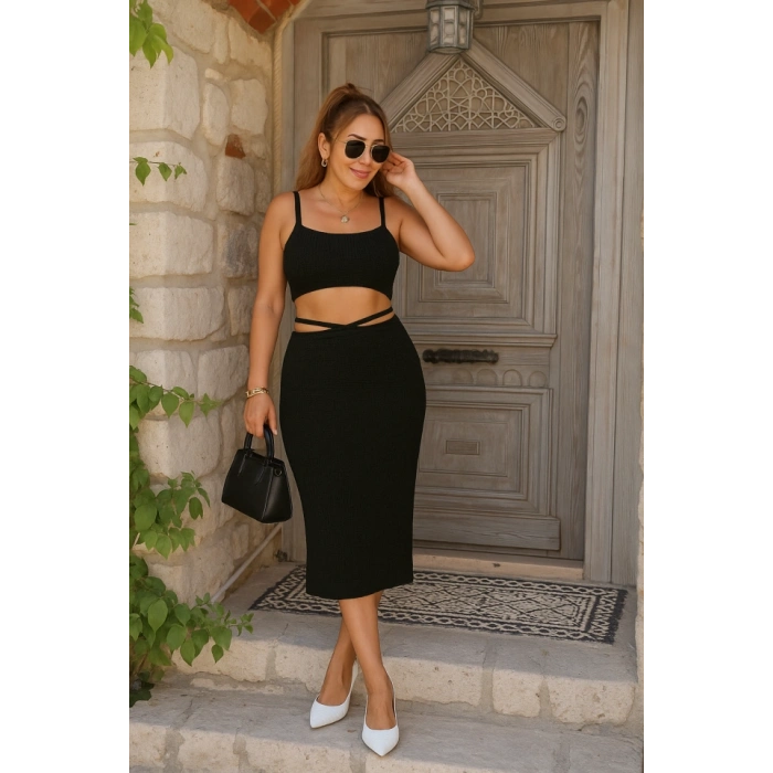 Kadın Askılı Crop Bel Detaylı Derin Yırtmaçlı Etek Triko Ikili Takım