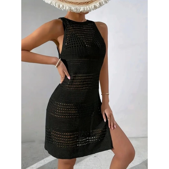 Kadın Askılı Derin Sırt Dekolteli Ajurlu Triko Pareo