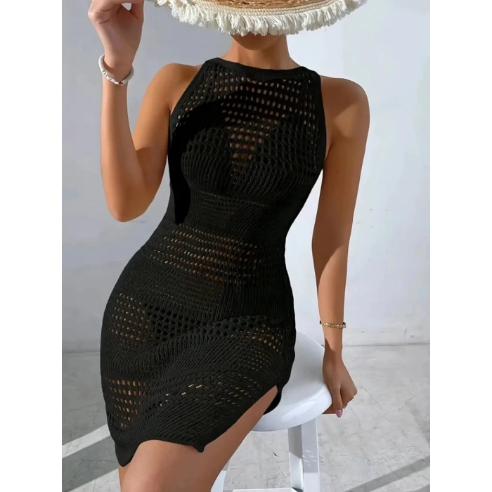 Kadın Askılı Derin Sırt Dekolteli Ajurlu Triko Pareo