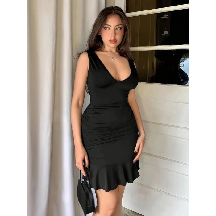 Kadın Askılı Derin V Dekolteli Fırfırlı Janjan Krep Elbise