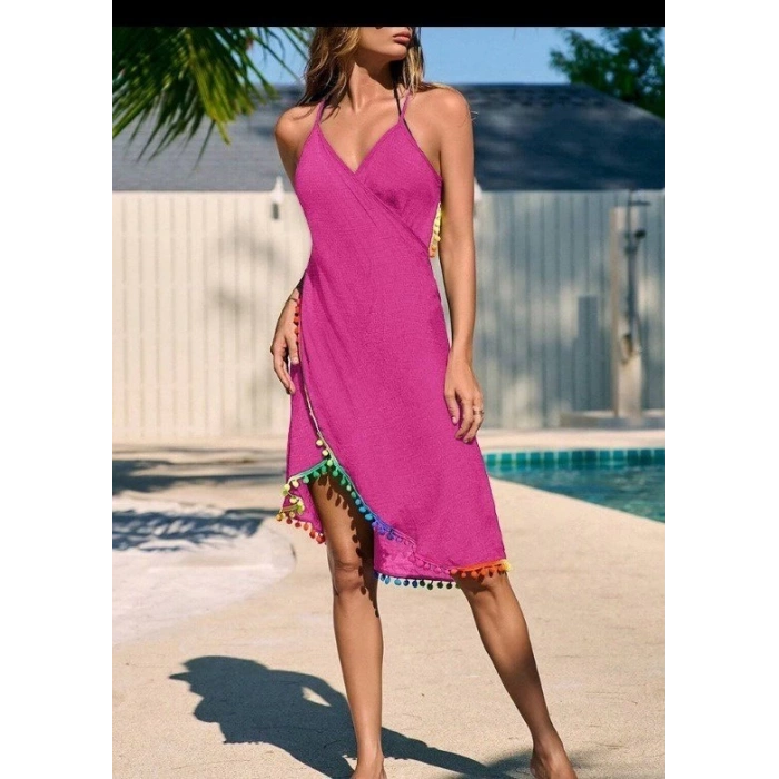 Kadın Askılı Derin V Yakalı çapraz Geçmeli Ponponlu Bürümcük Pareo