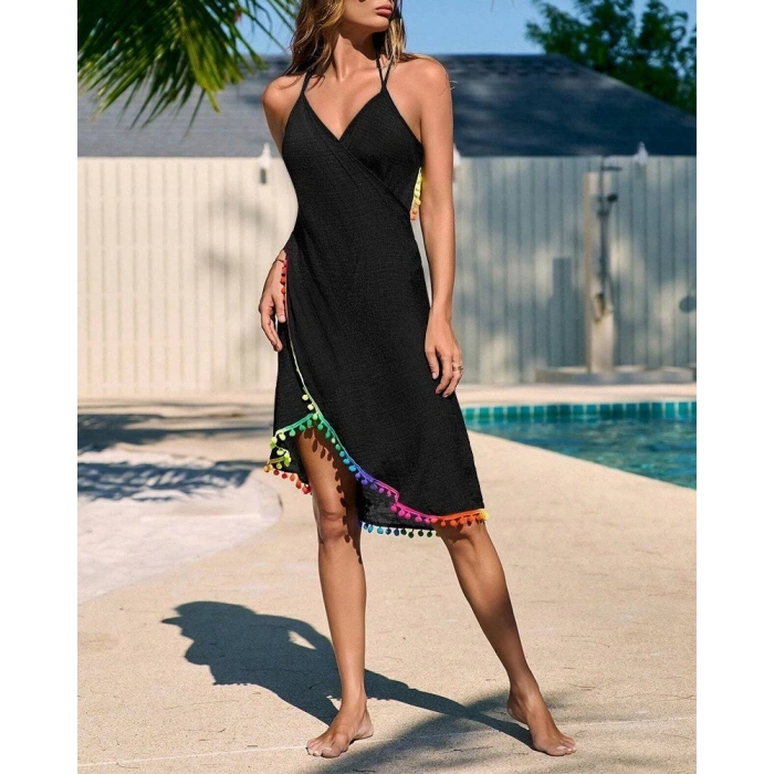 Kadın Askılı Derin V Yakalı çapraz Geçmeli Ponponlu Bürümcük Pareo