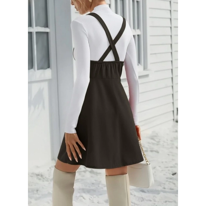 Kadın Askılı Düğmeli Mini Süet Elbise