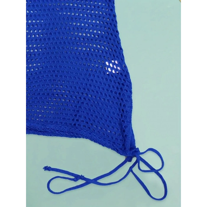 Kadın Askılı Eteği Büzgü Bağlama Detay Delikli örme Triko Pareo Elbise