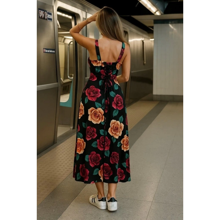 Kadın Askılı Geniş V Yakalı Sırttan Bağlamalı Yırtmaçlı Süprem Elbise