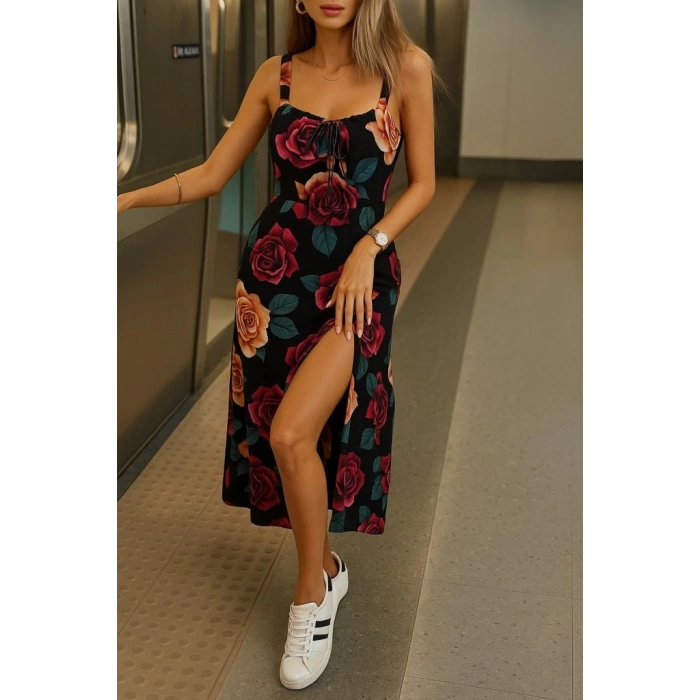 Kadın Askılı Geniş V Yakalı Sırttan Bağlamalı Yırtmaçlı Süprem Elbise