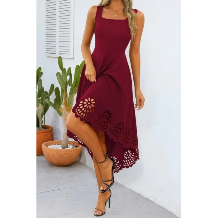 Kadın Askılı Geometrik Yaka çiçek Lazer Kesim Ithal Krep Elbise