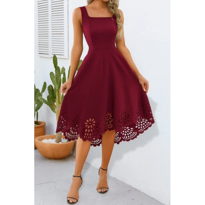 Kadın Askılı Geometrik Yaka çiçek Lazer Kesim Ithal Krep Elbise