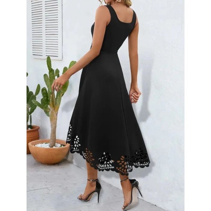 Kadın Askılı Geometrik Yaka çiçek Lazer Kesim Ithal Krep Elbise