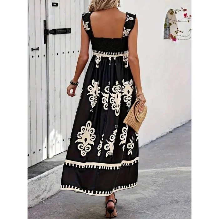 Kadın Askılı Kare Yaka Gipe Detaylı Desenli Suprem Elbise