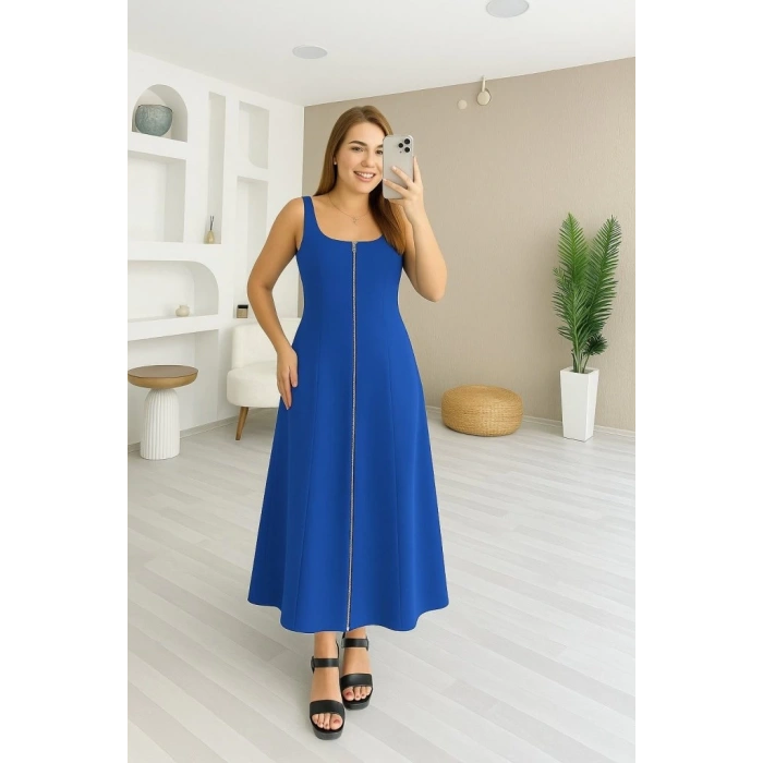 Kadın Askılı Kare Yaka önden Fermuarlı Geniş Kesim Janjan Krep Elbise