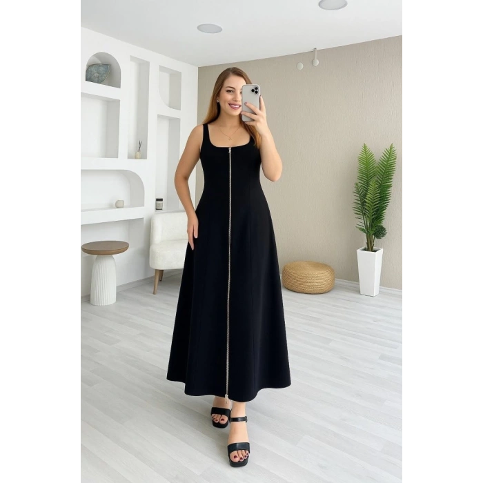 Kadın Askılı Kare Yaka önden Fermuarlı Geniş Kesim Janjan Krep Elbise