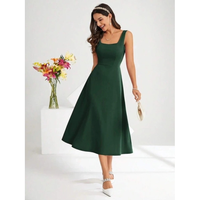 Kadın Askılı Kare Yakalı Midi Ithal Krep Elbise